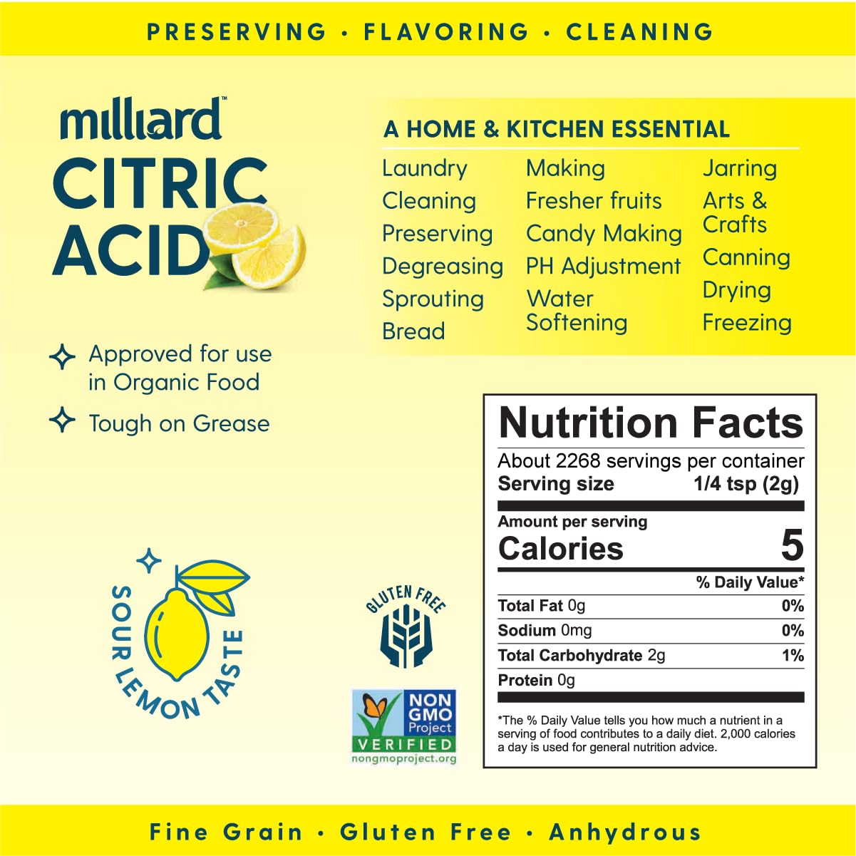 Milliard citric acid resealable stand-up bag for long-term storage.