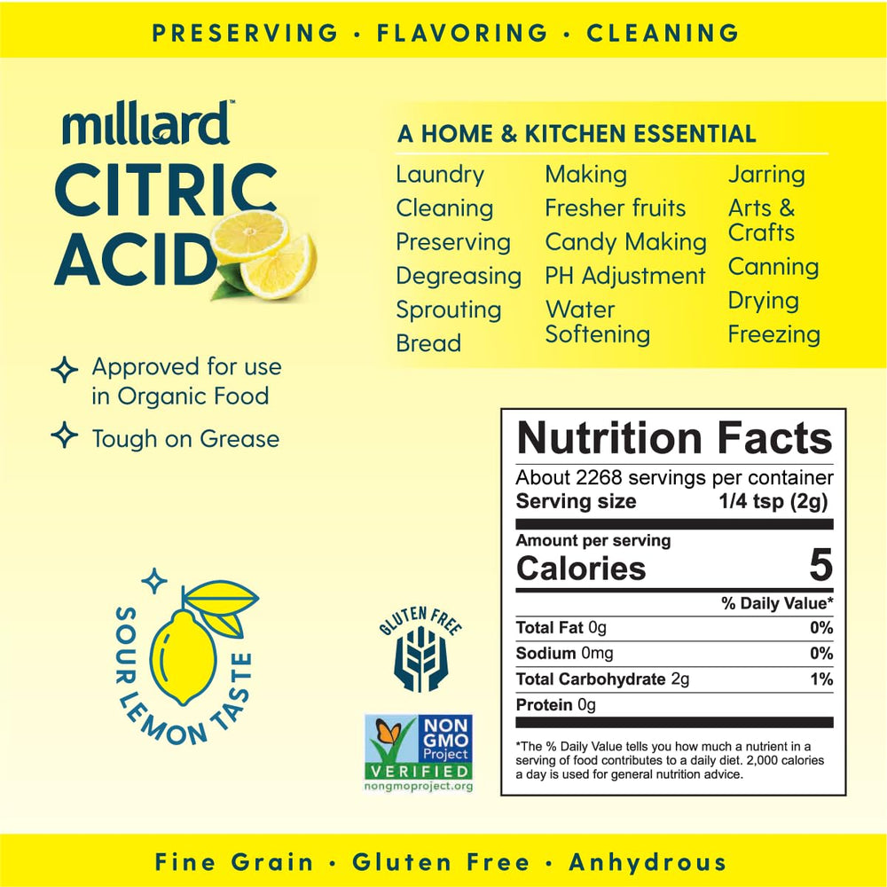Milliard citric acid resealable stand-up bag for long-term storage.