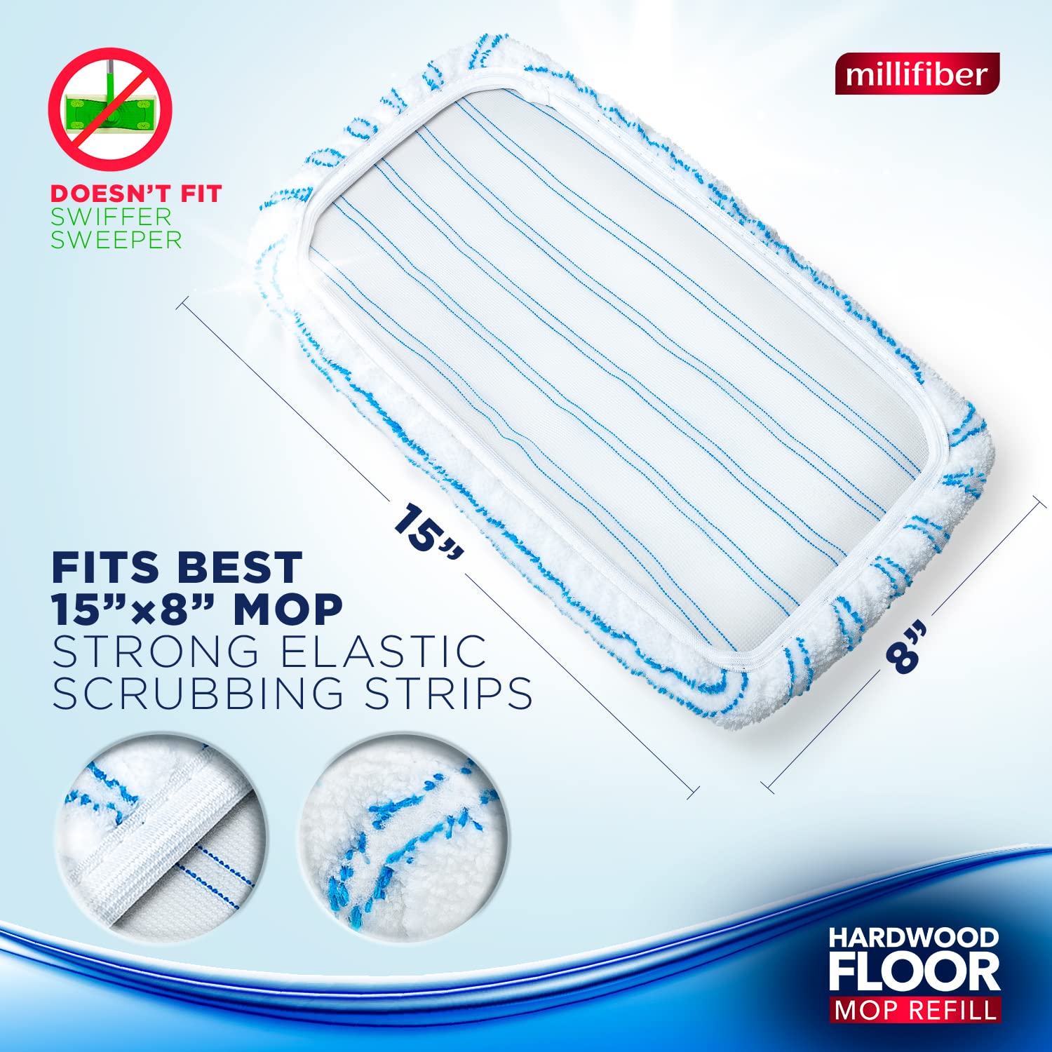 Millifiber 15x8 inch refill pad showing compatibility with mop head.