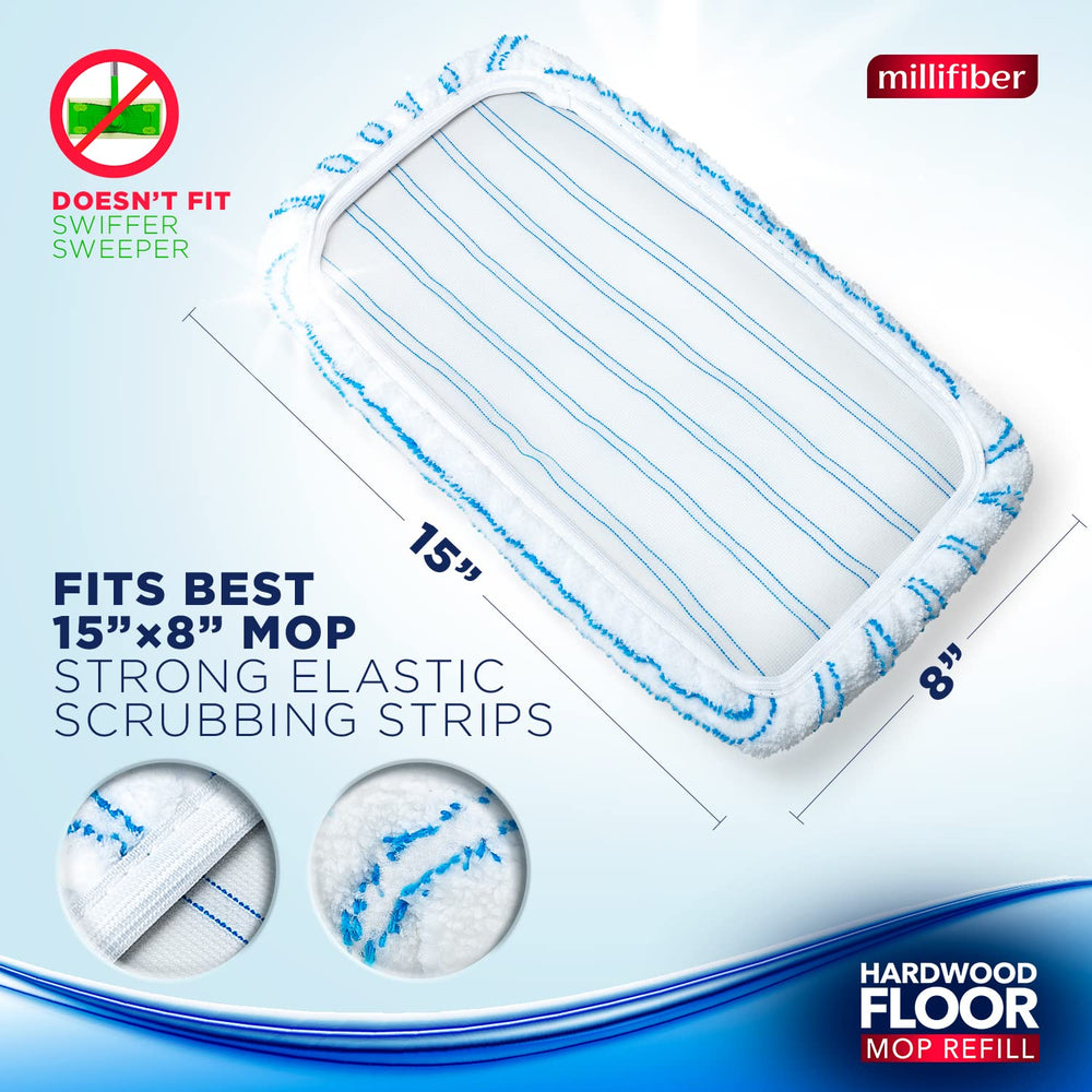 Millifiber 15x8 inch refill pad showing compatibility with mop head.