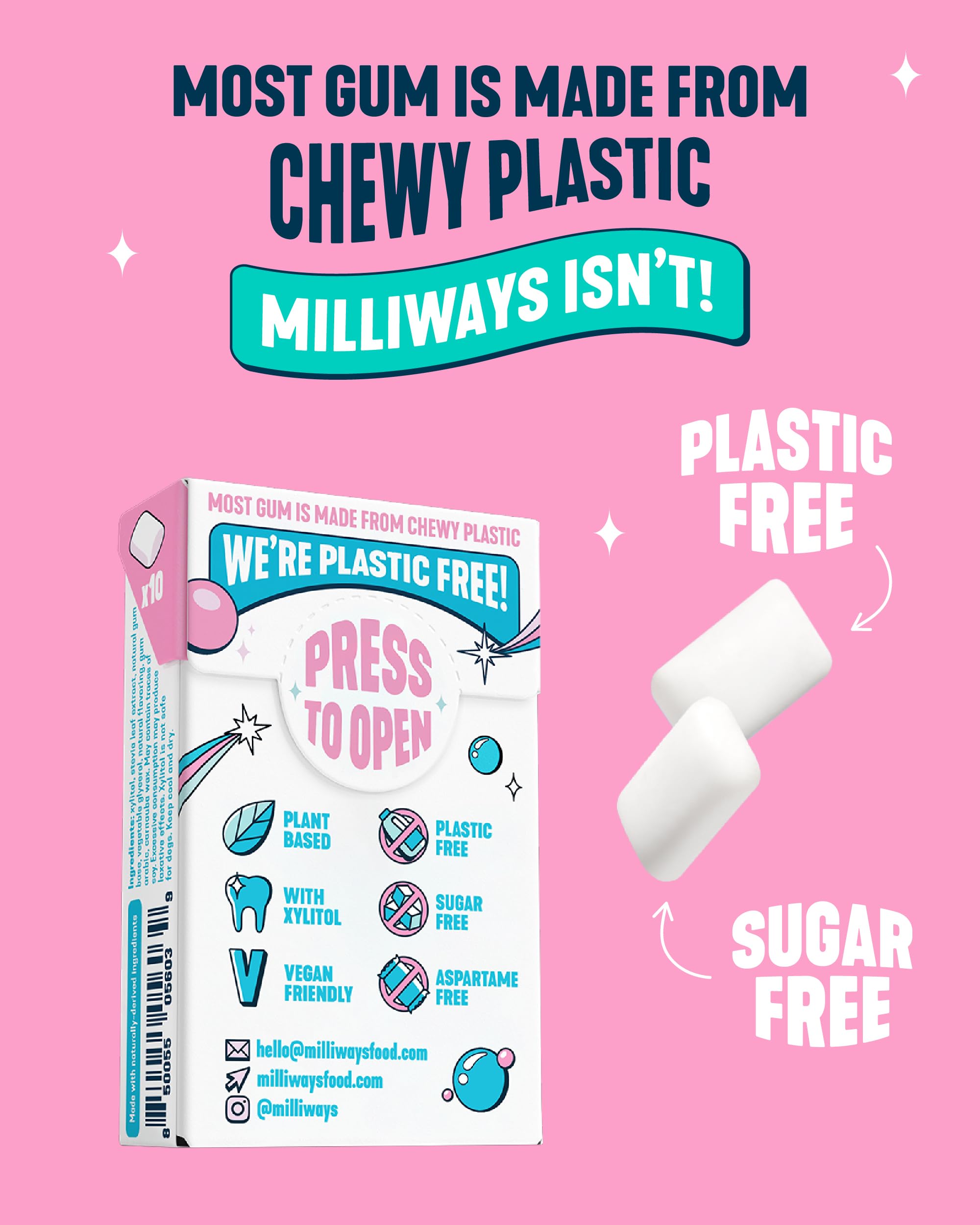 Milliways Bubblemint gum piece close-up reveals bubblegum with mint freshness.