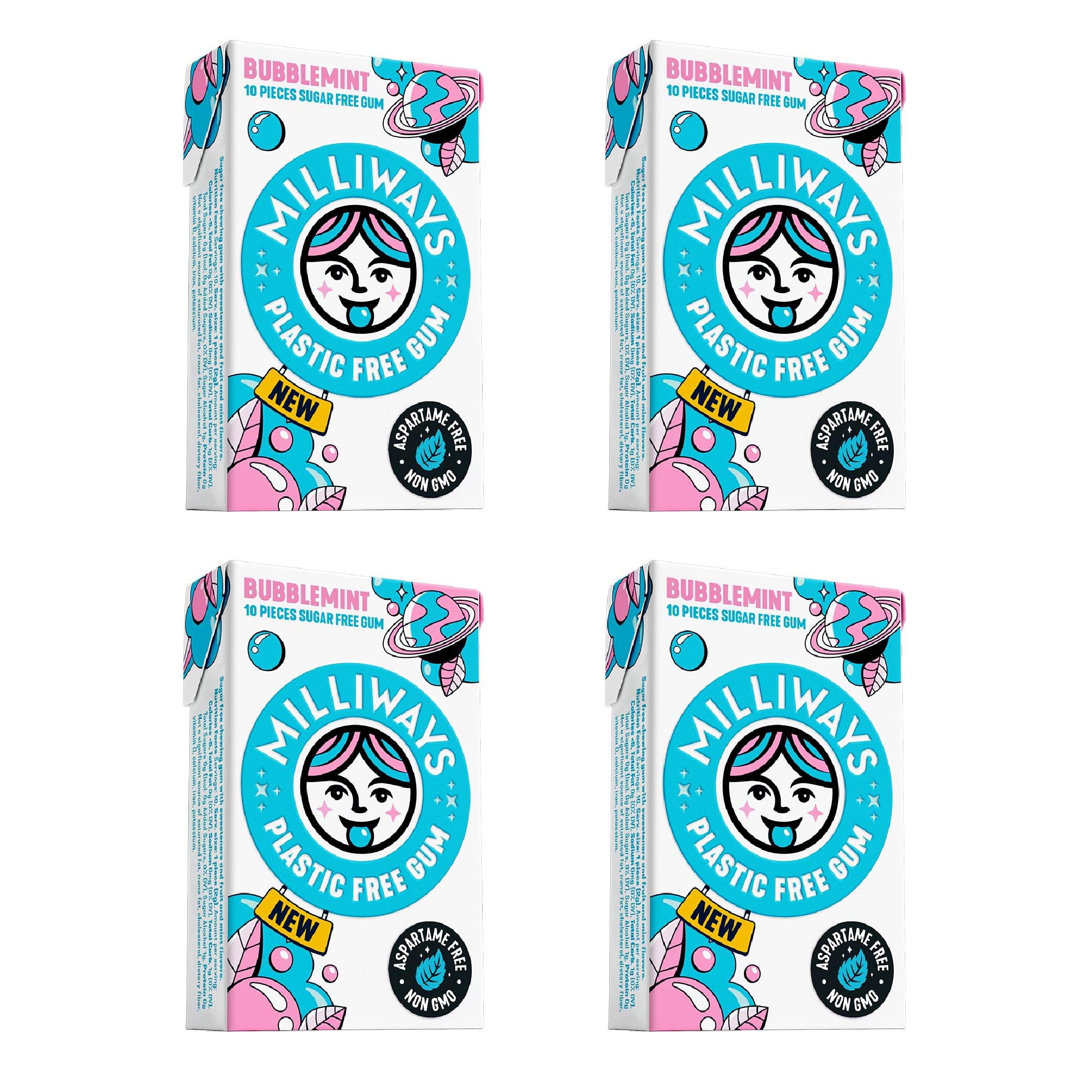 Milliways Bubblemint gum packaging shows plastic-free design for eco-conscious users.