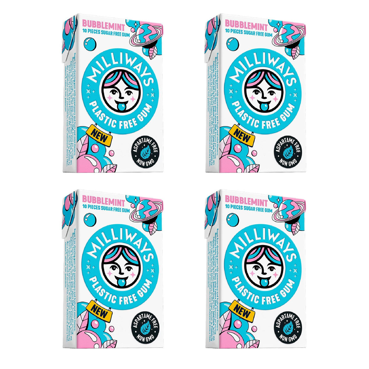 Milliways Bubblemint gum packaging shows plastic-free design for eco-conscious users.