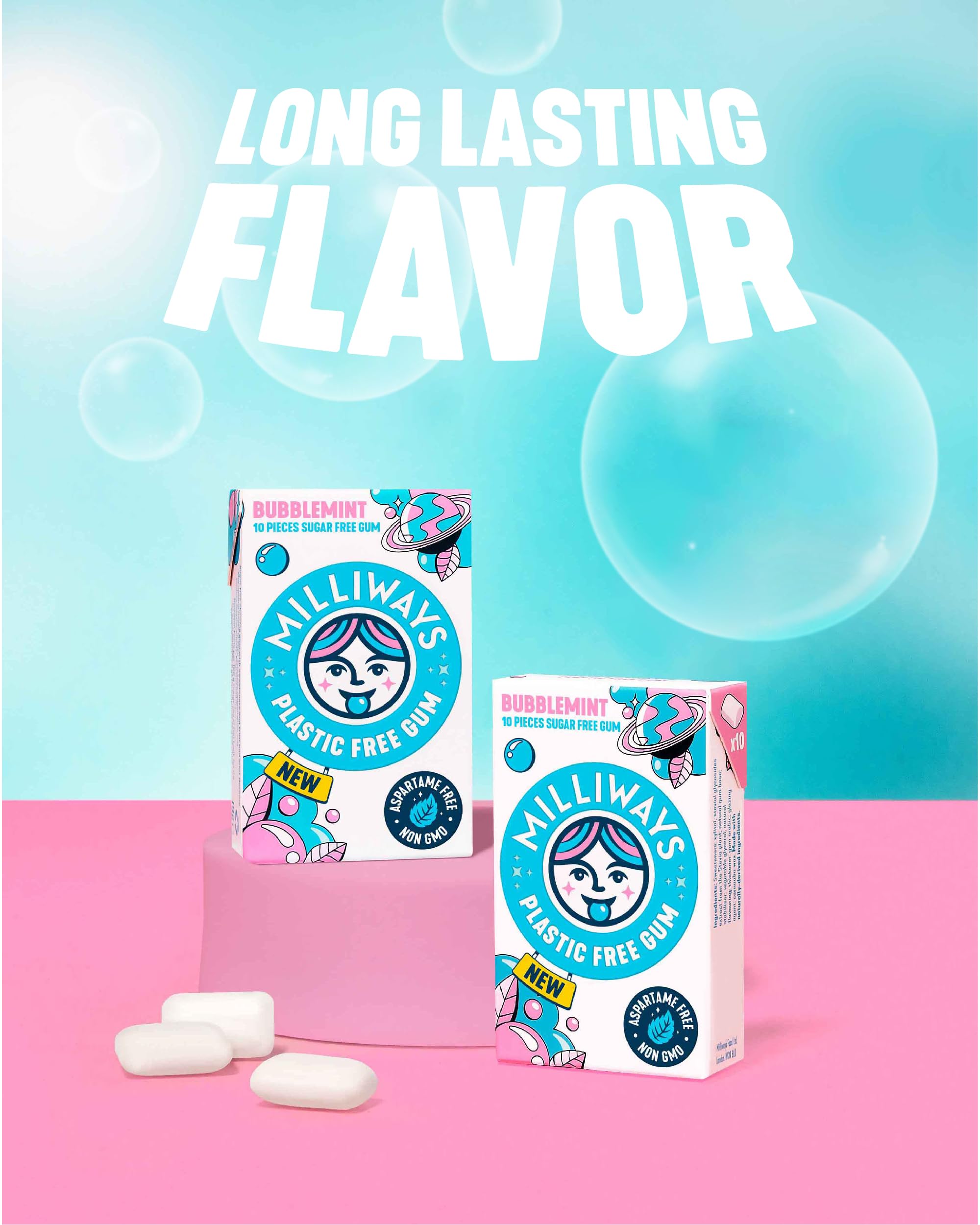 Milliways Bubblemint uses plant-based ingredients for a natural chewing experience.