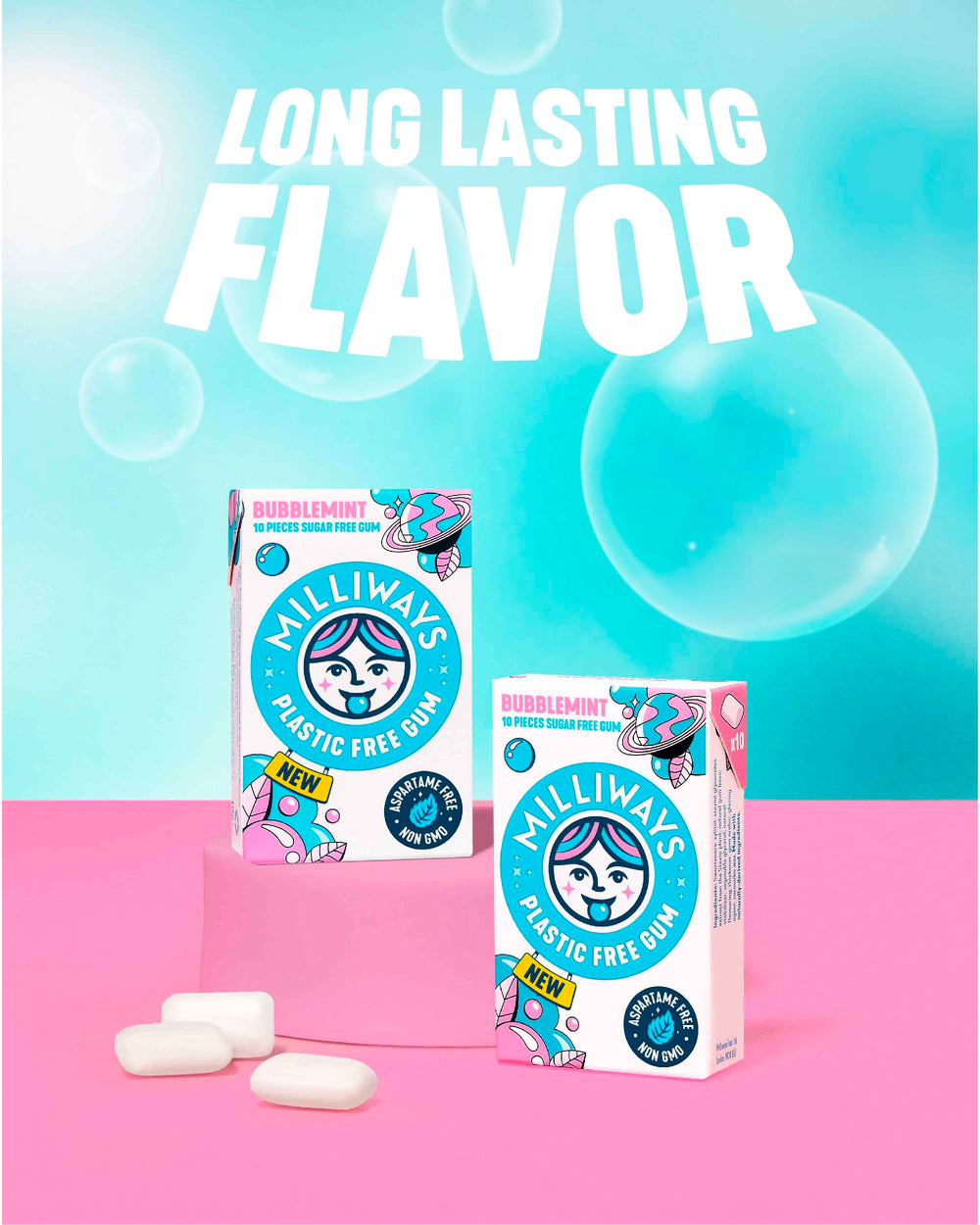 Milliways Bubblemint uses plant-based ingredients for a natural chewing experience.