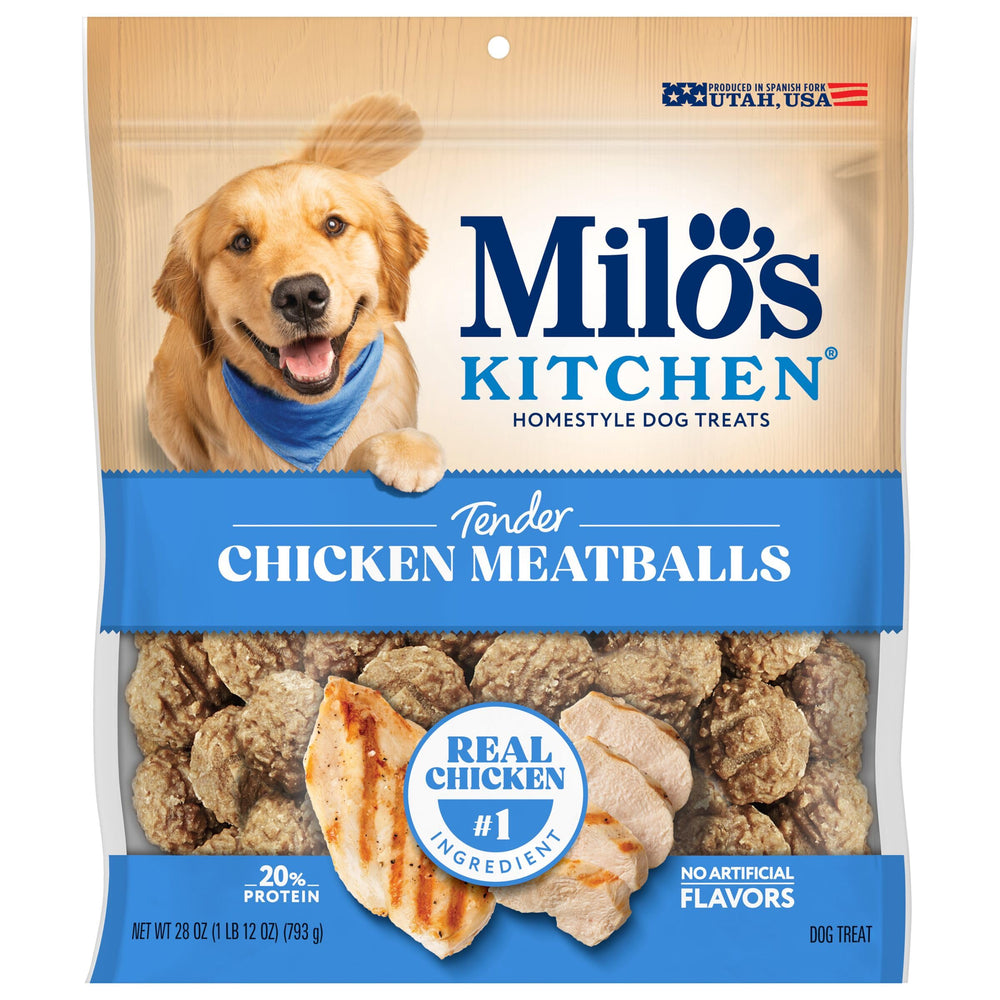 28-oz bag of Milo’s Kitchen meatballs ready for sharing