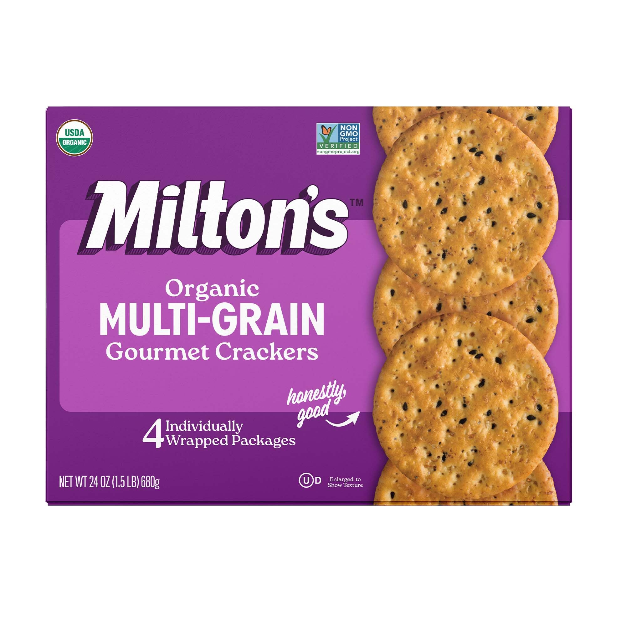 Milton's Craft Bakers Multi-Grain Crackers packaging highlights organic, non-GMO ingredients for wholesome snacking.