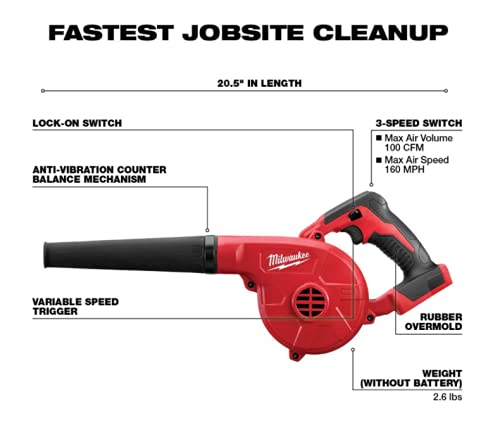 Milwaukee 0884-20 cordless compact yard leaf blower demonstrates portability for easy debris clearing.