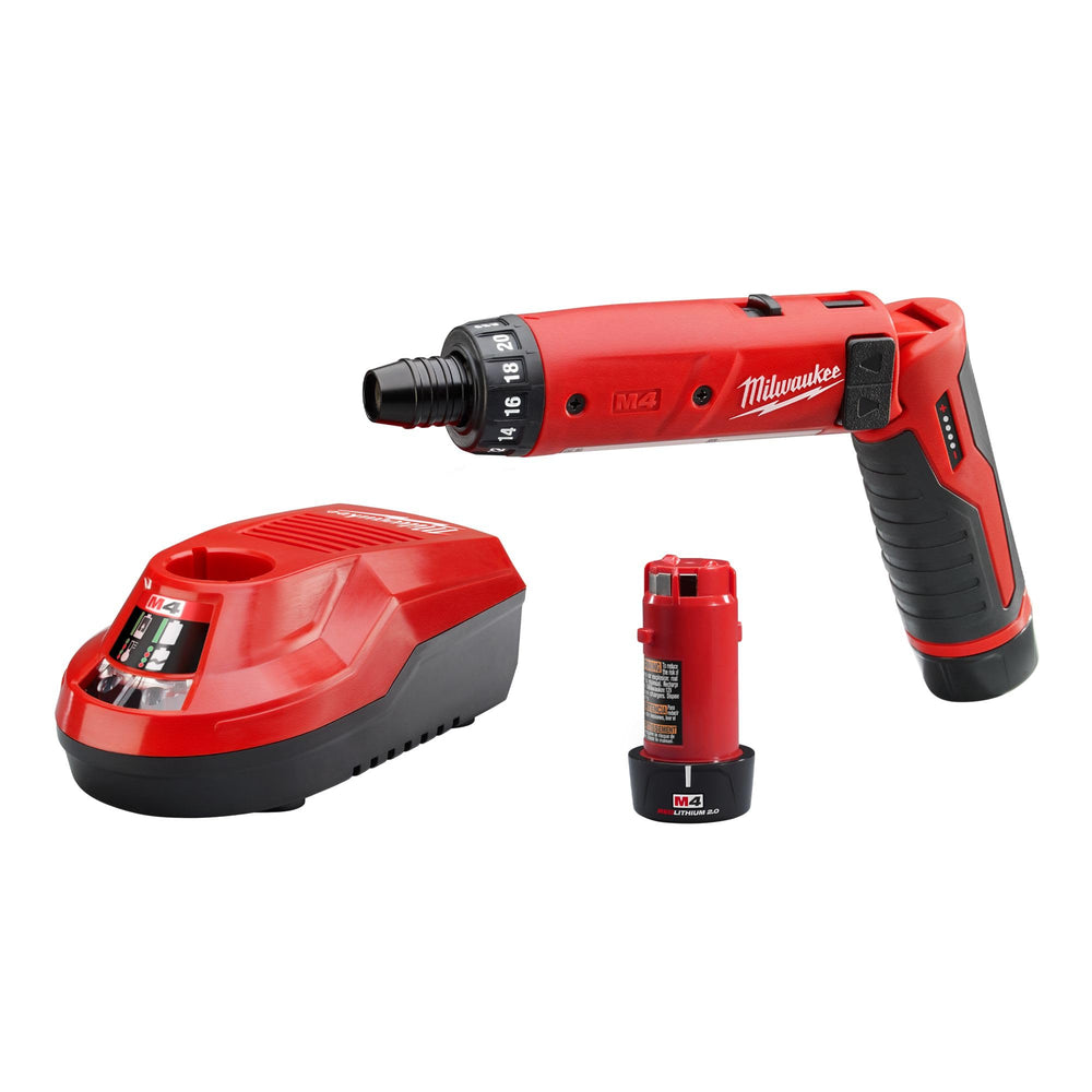 Milwaukee 2101-22 M4 hex screwdriver kit front view with two batteries for quick tasks