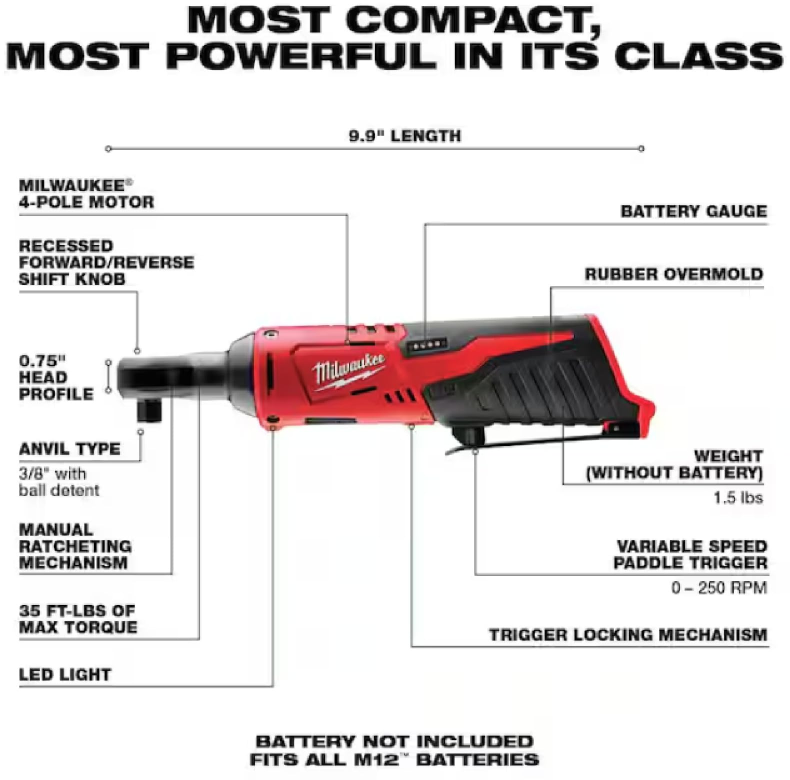Milwaukee 2457-20 ratchet side profile highlights low-profile head for engine bays