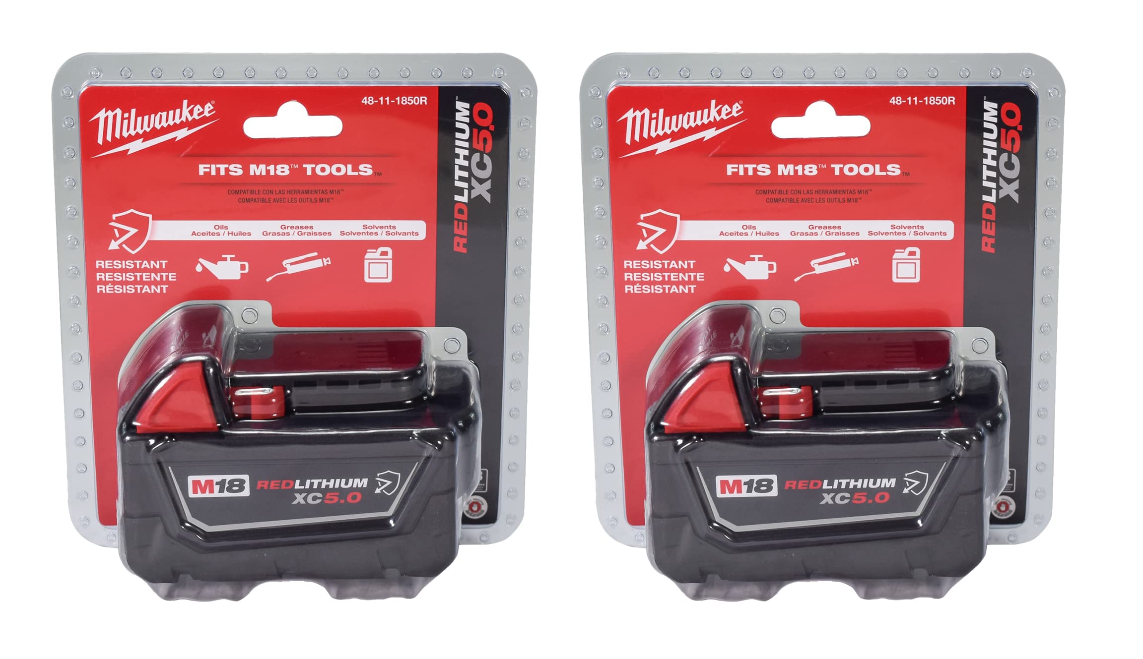 Milwaukee 48-11-1850R battery front view shows rugged housing for tough jobsite conditions.