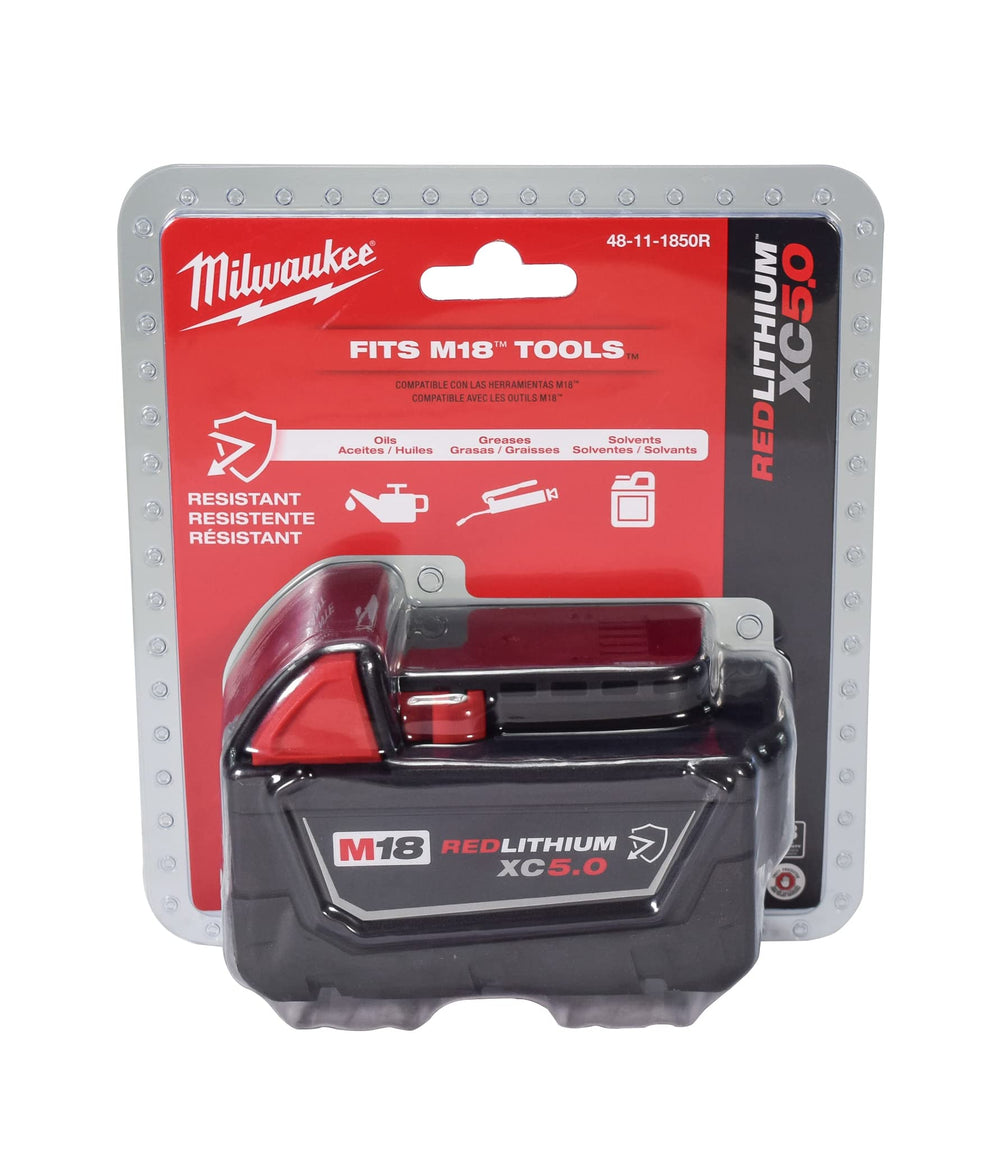 Milwaukee 48-11-1850R battery side view with fuel gauge indicating remaining runtime.