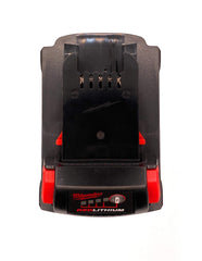 Milwaukee M18 battery fuel gauge display highlights runtime visibility.