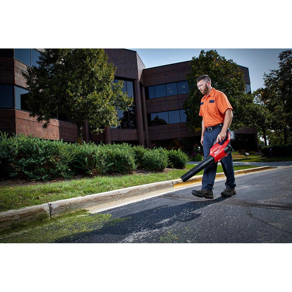 Milwaukee M18 FUEL blower delivers 450 CFM for rapid debris clearance.