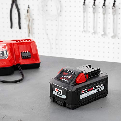 Milwaukee M18 high-output 6Ah battery brand-logo-closeup reinforces quality and reliability.