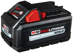 Milwaukee M18 high-output 6Ah battery side view highlights extended runtime for cordless tools.