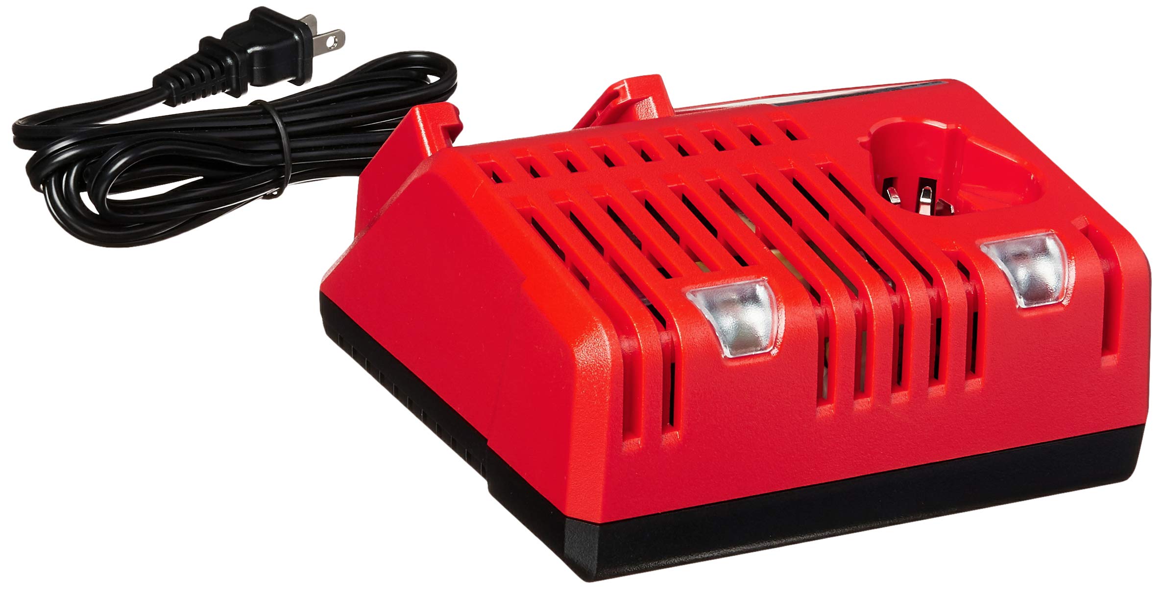 Milwaukee multi-voltage charger on workbench ready to recharge M12/M18 packs.