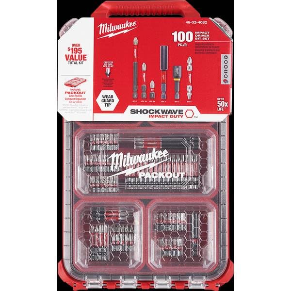 Milwaukee Shockwave 100pc impact driver bit set with Packout case for organized on-site tasks