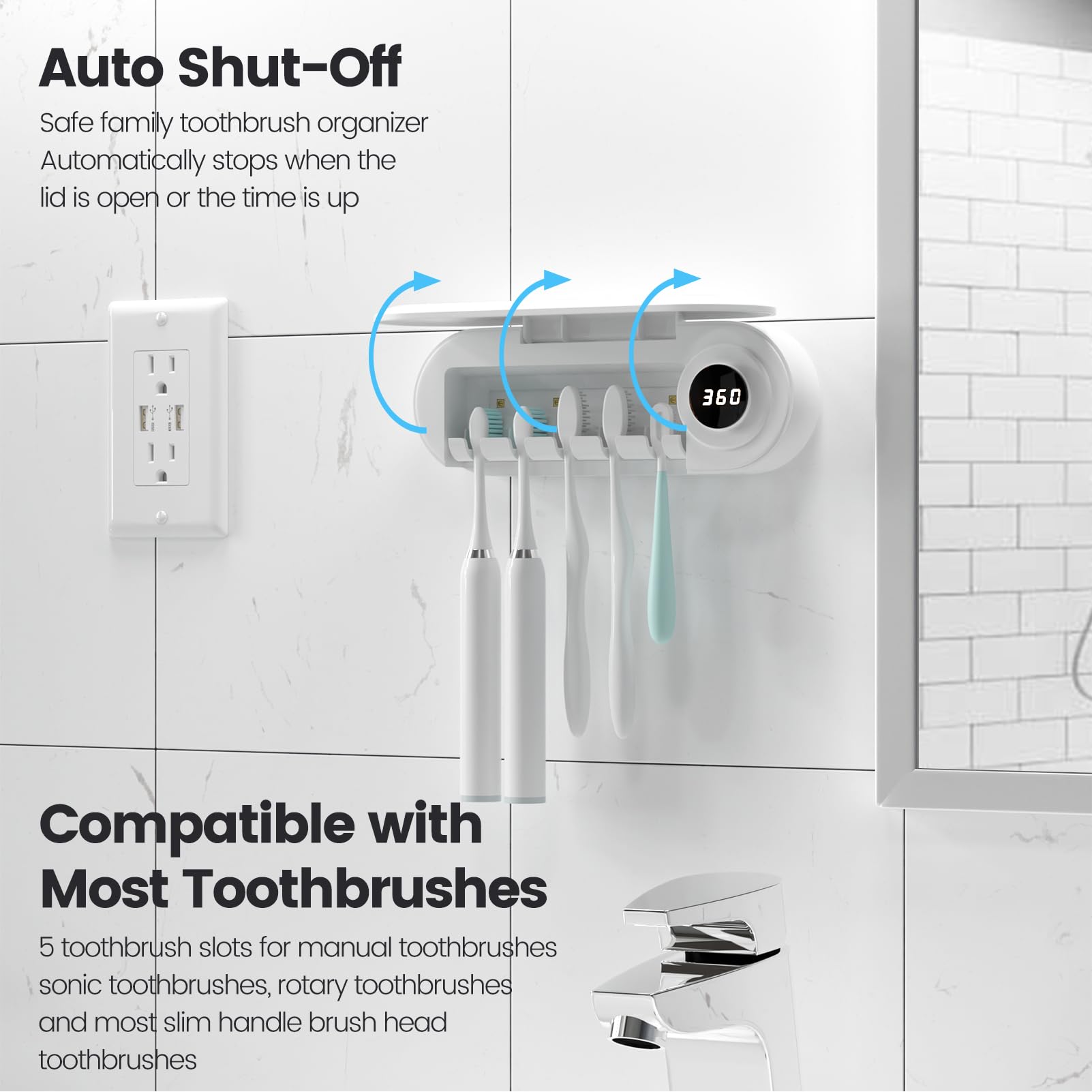 Cordless refresh feature safely cleans bristles between uses without removing unit