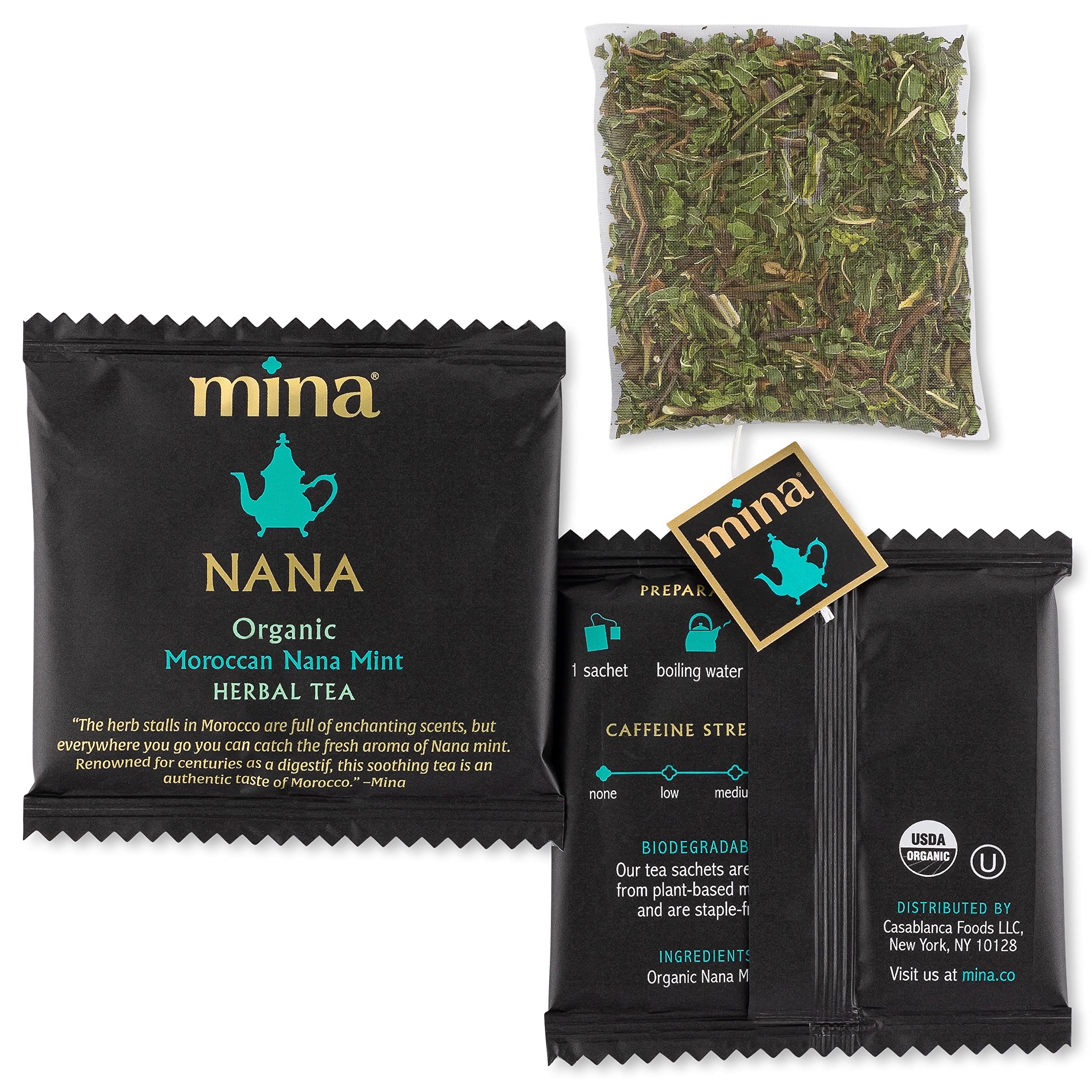 Mina Nana biodegradable sachets emphasize sustainability and convenient tea moments.