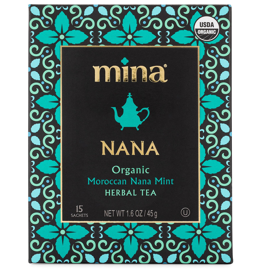 Mina Nana organic Moroccan mint tea bag close-up reveals fresh aroma for a refreshing break.