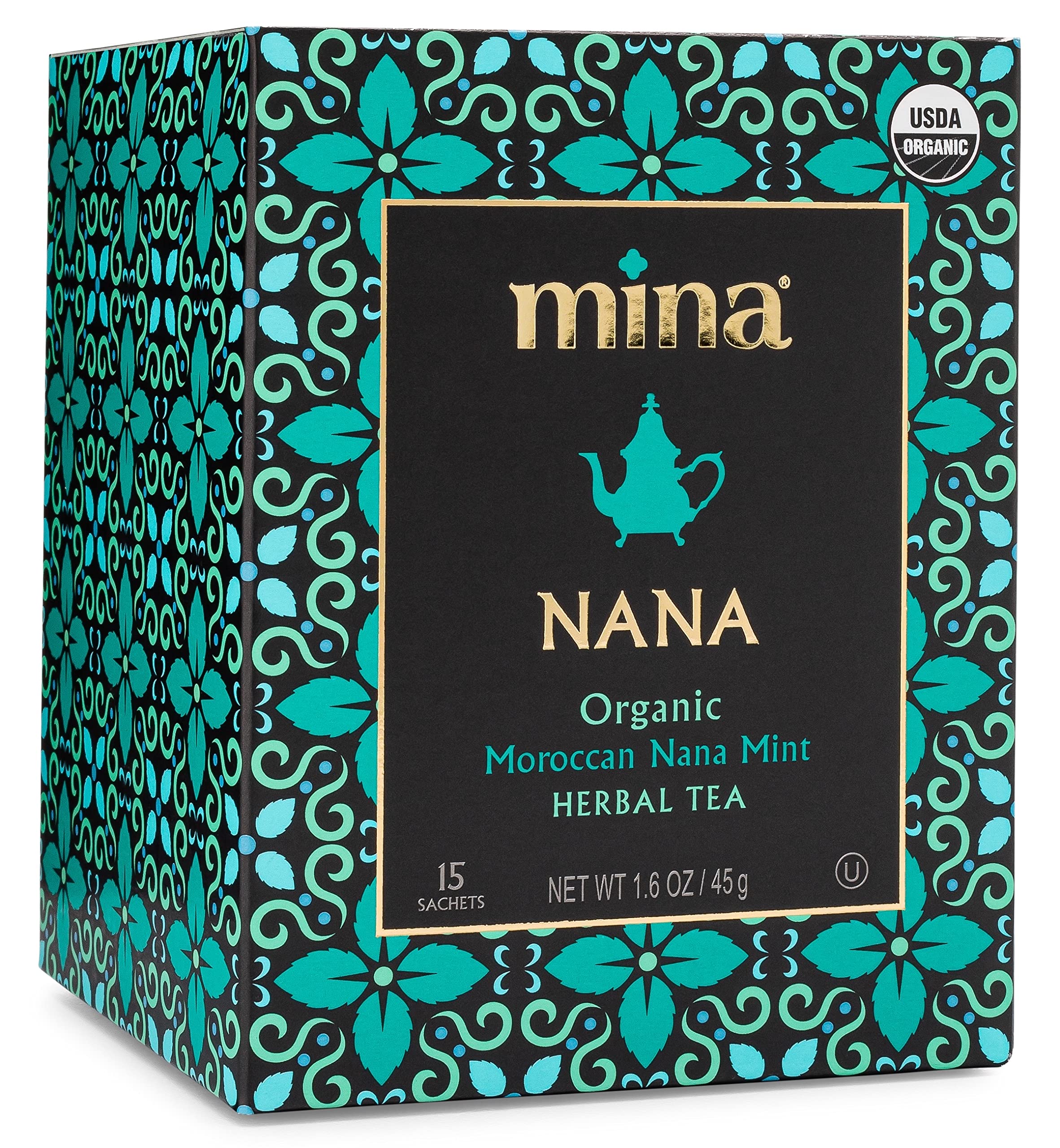 Mina Nana Organic Moroccan Mint tea bags pack close-up highlights eco-friendly packaging.