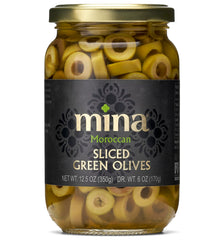 Mina Sliced Green Olives garnishing closeup for vibrant plates and savory highlights