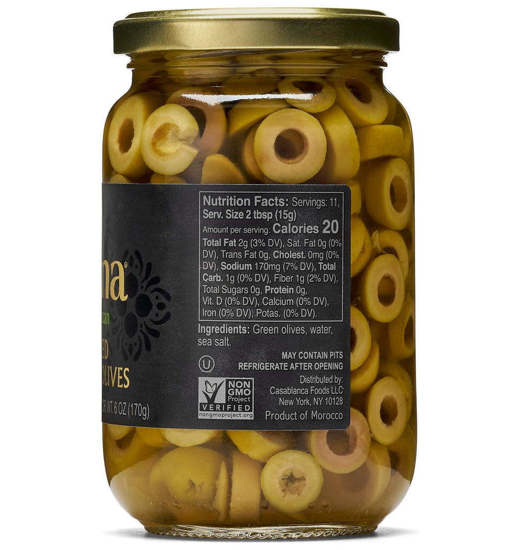 Mina Sliced Green Olives pack shot showcasing convenient ready-to-use flavorful slices