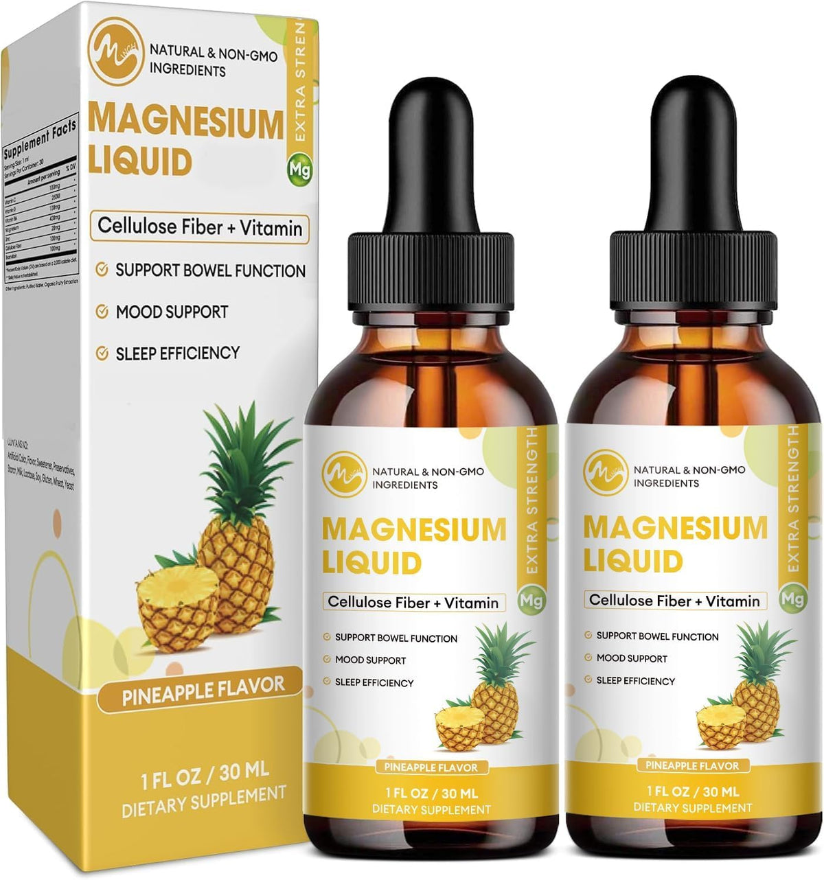 M inch magnesium glycinate liquid drops bottle front, pineapple flavor, for daily wellness.