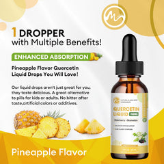 Close-up of the dropper delivering a measured dose of M inch Quercetin Liquid Drops.