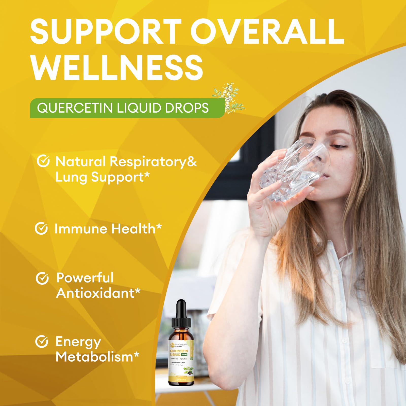Label highlights five-in-one formula of Minch Quercetin Liquid Drops.