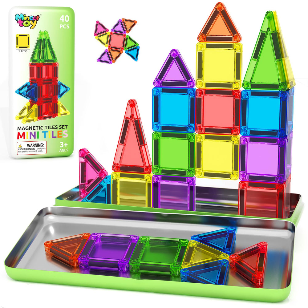 Minecftoy 40pcs mini magnetic tiles with travel case for on-the-go play