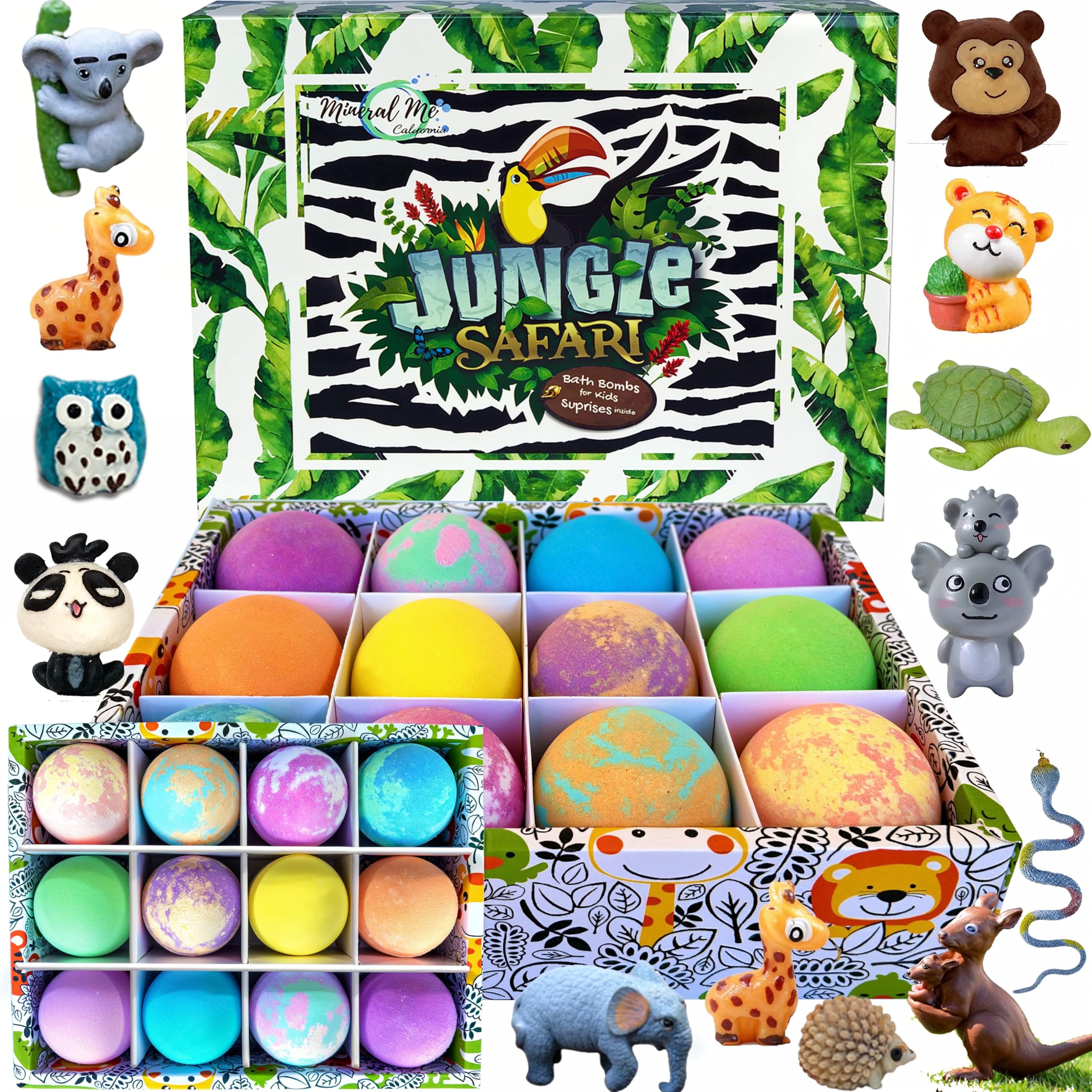 Mineral Me California bath bomb with toy inside for kids, playful bath time.
