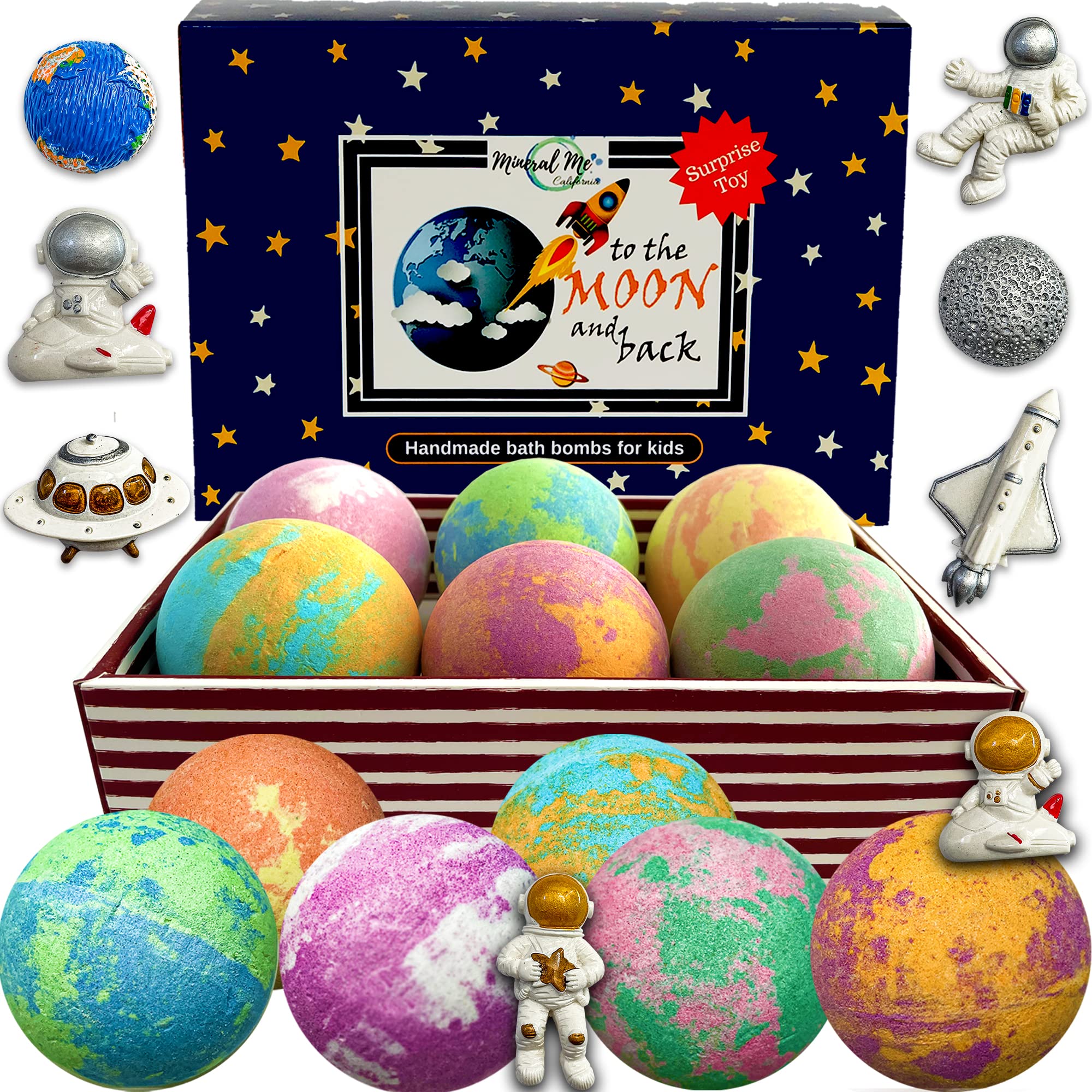 Mineral Me California Galaxy Bath Bombs with astronaut toy inside for each bath.
