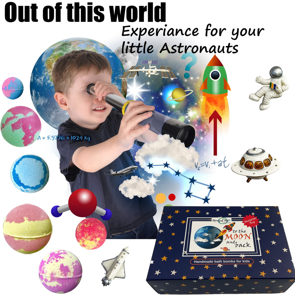 Educational outer space planet toy with Mineral Me California Galaxy Bath Bombs.