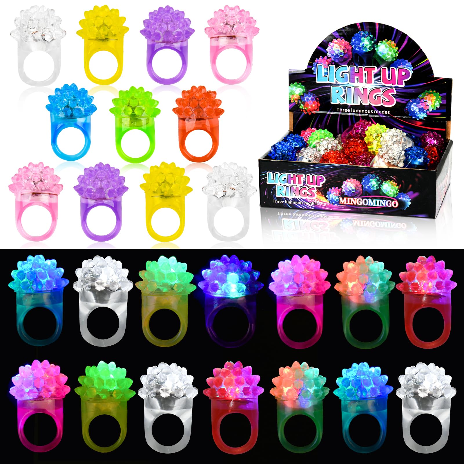MINGOMINGO glow rings in pink and blue illuminate kids' outfits at parties.