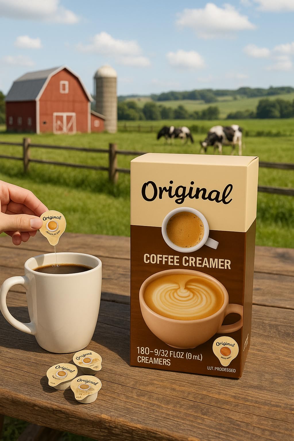Coffee cup with Mini Moo's creamer ready to enhance the beverage.