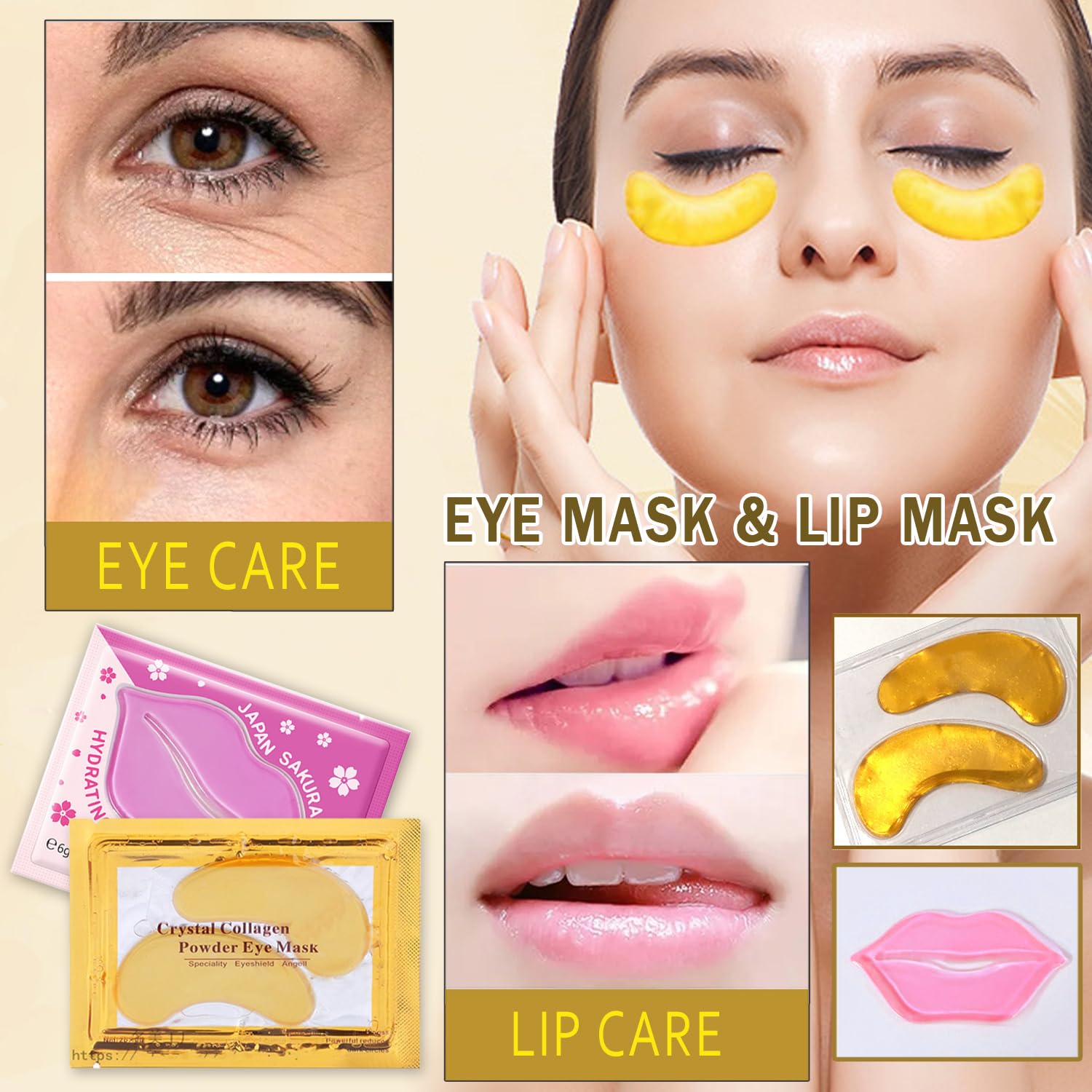 Miniling 24K gold eye mask in use on eye area, soothing puffiness.