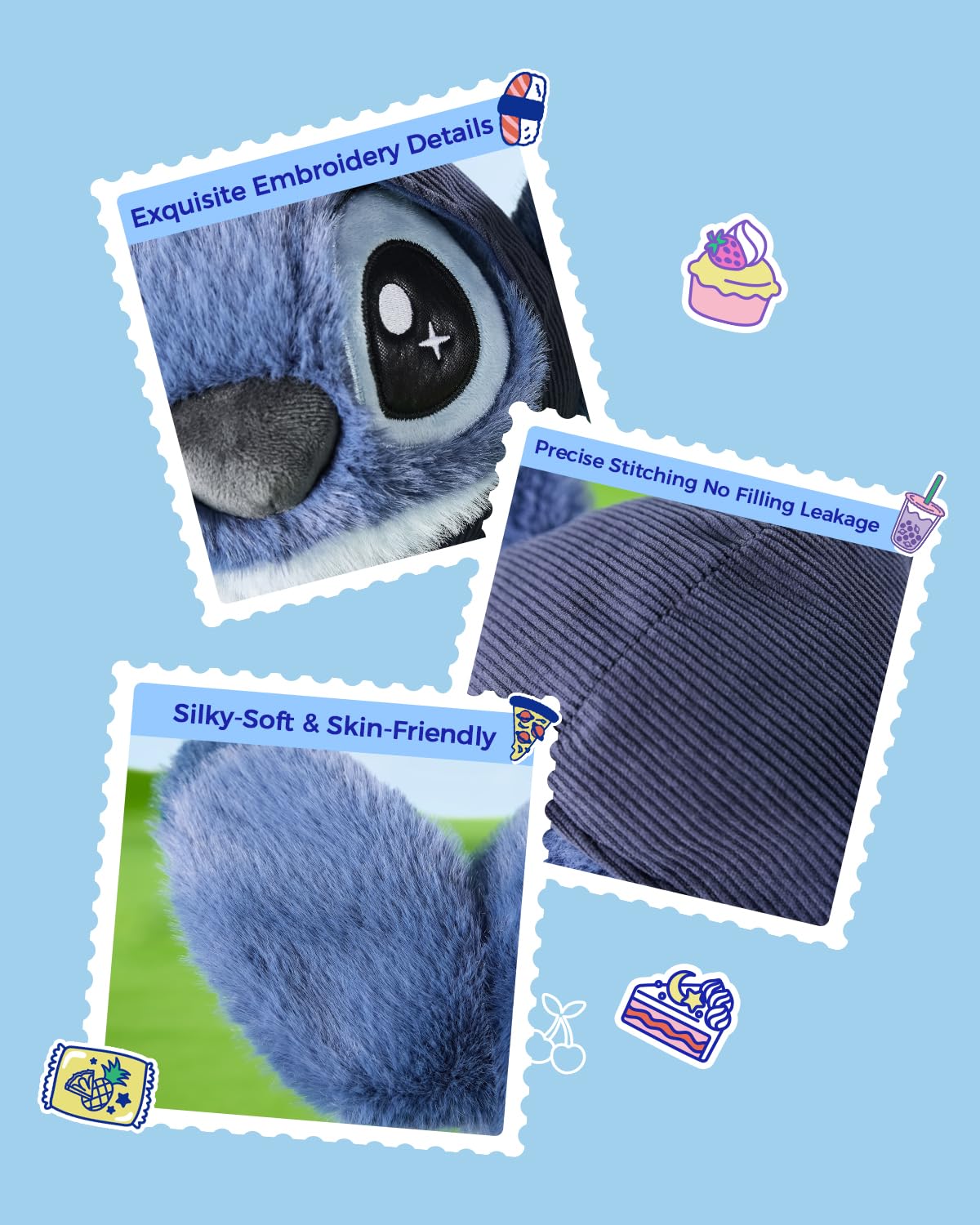 MINISO Disney Lilo and Stitch plush blue fur detail, movie-inspired look.