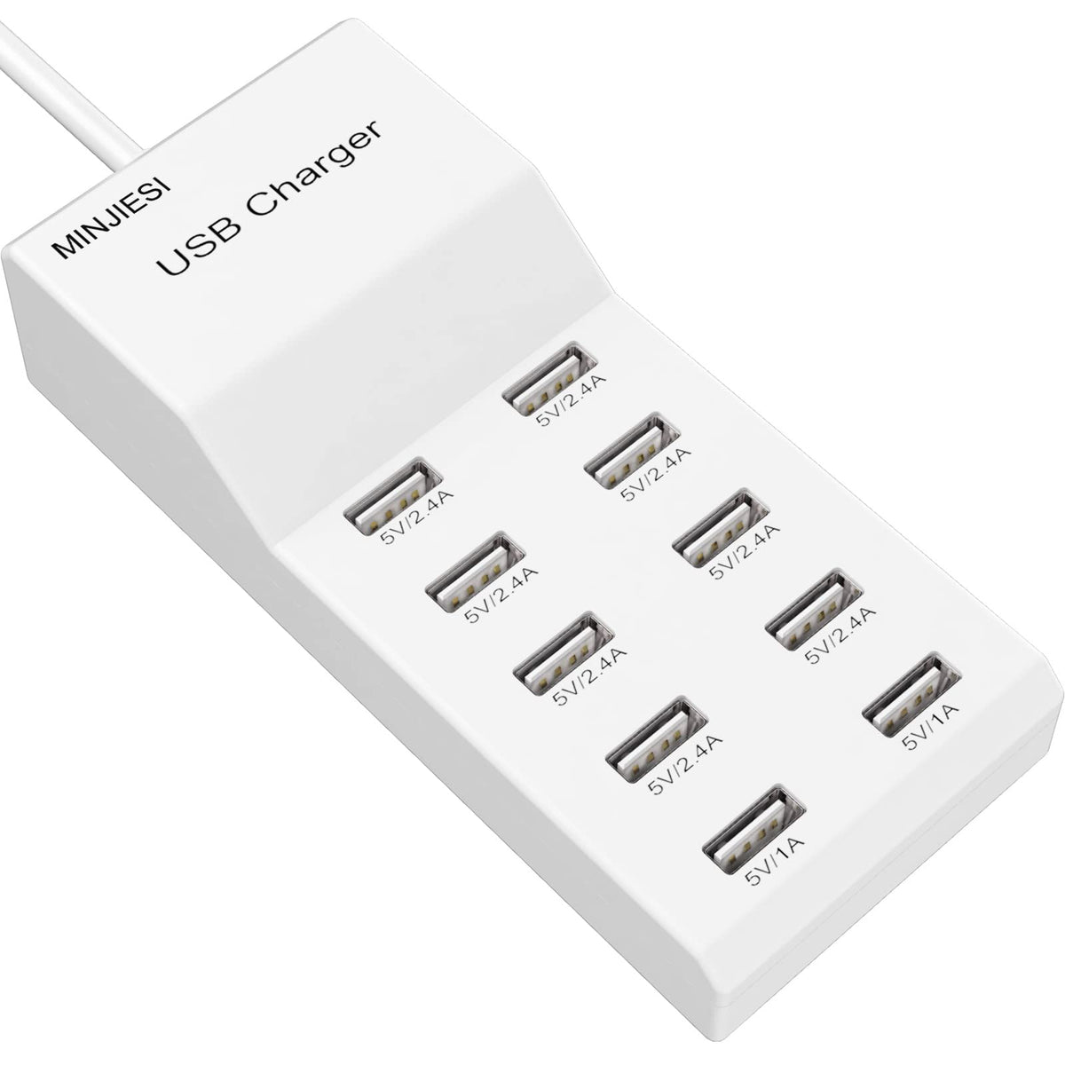 MINJIESI USB charging station front view showing 10 ports for organized charging.