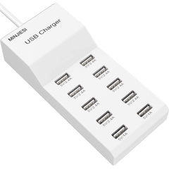 MINJIESI USB charging station front view showing 10 ports for organized charging.