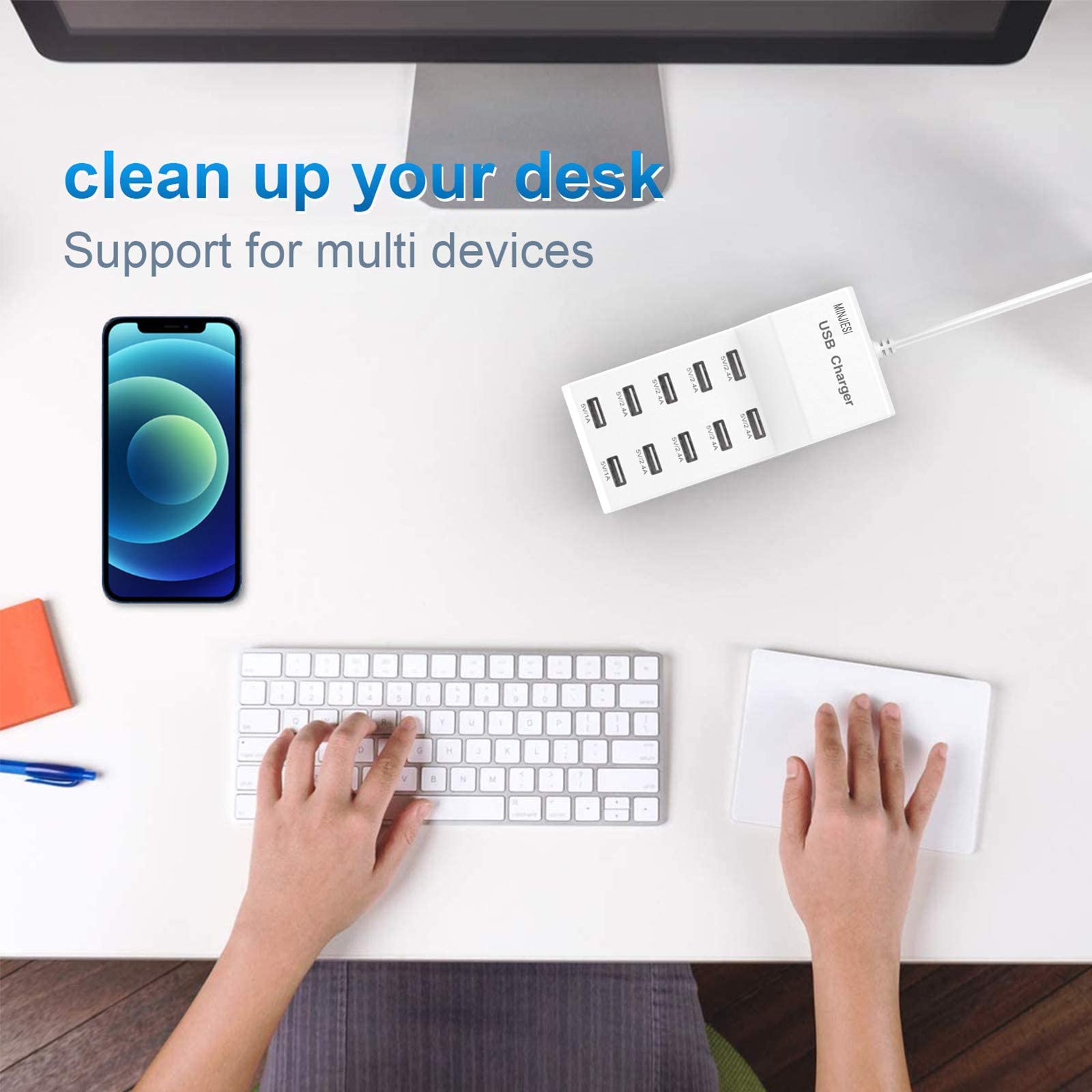 MINJIESI USB charging station side view highlighting compact footprint for home or office.