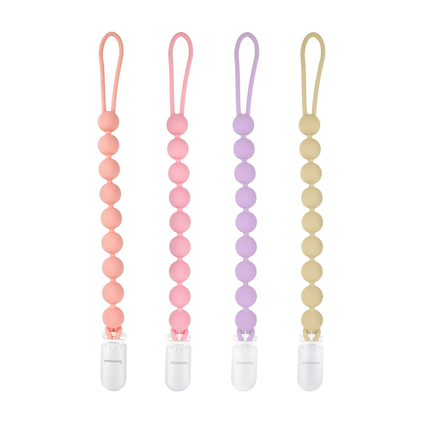 MINMUNJIU four-pack silicone pacifier clips shown in colorful colors for baby girls.