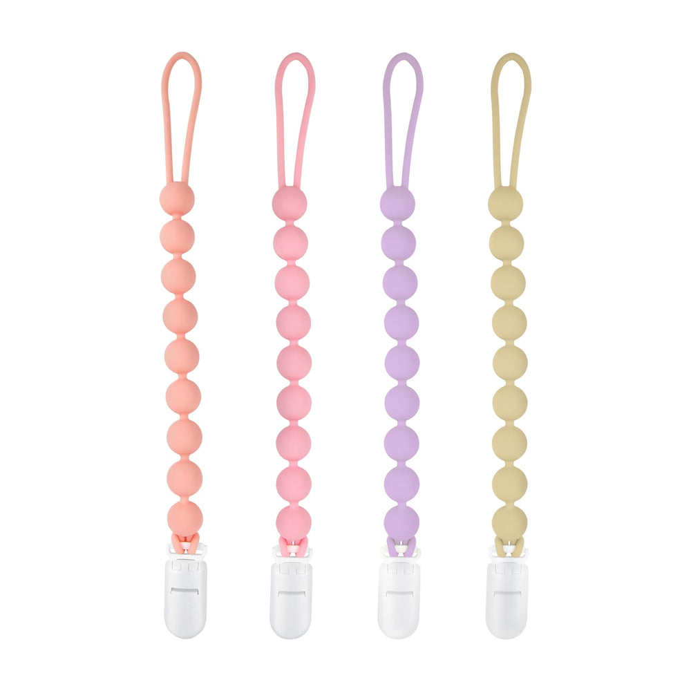 MINMUNJIU four-pack silicone pacifier clips shown in colorful colors for baby girls.