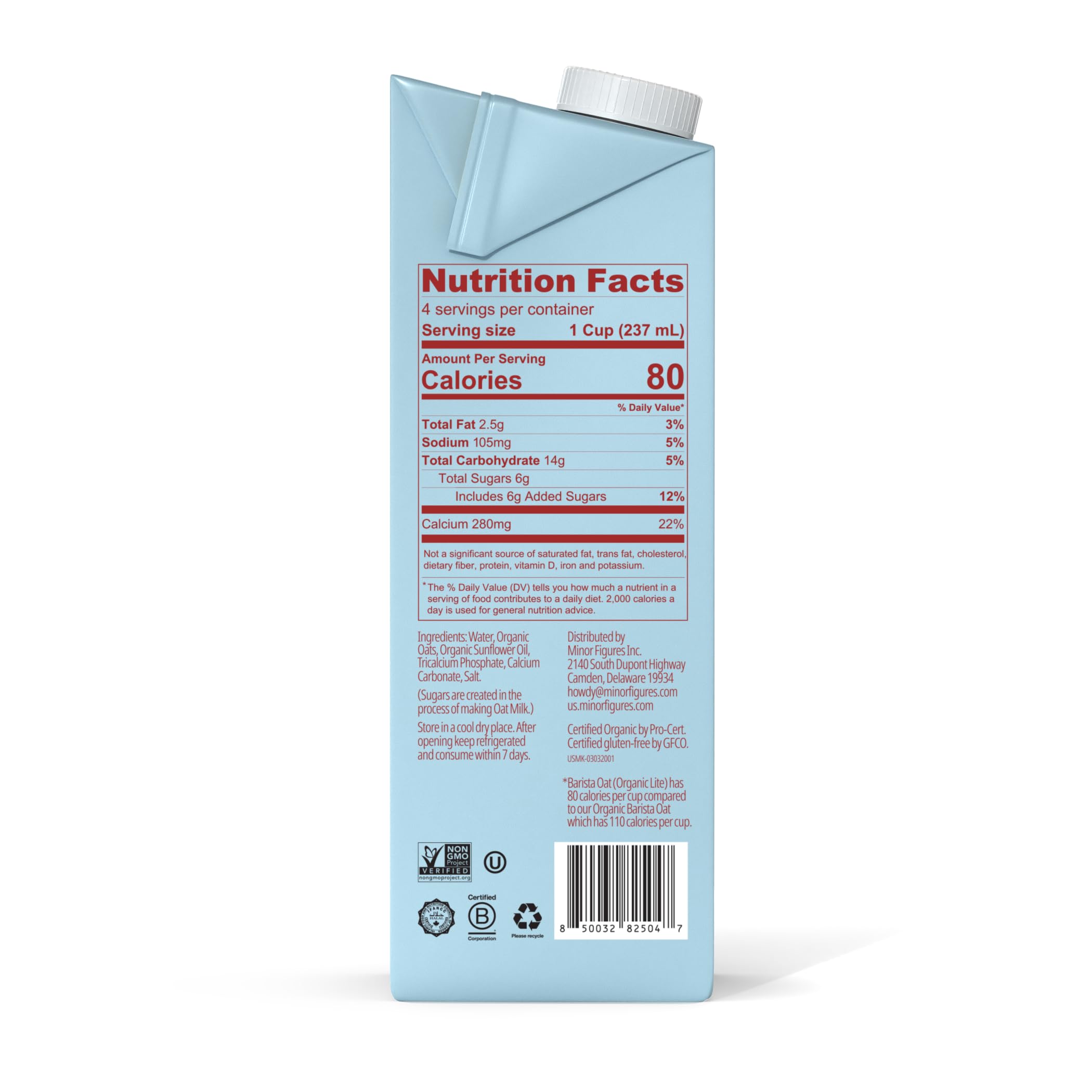 Minor Figures Light Oat Milk 32 oz six-pack, pantry-ready for café-style drinks.