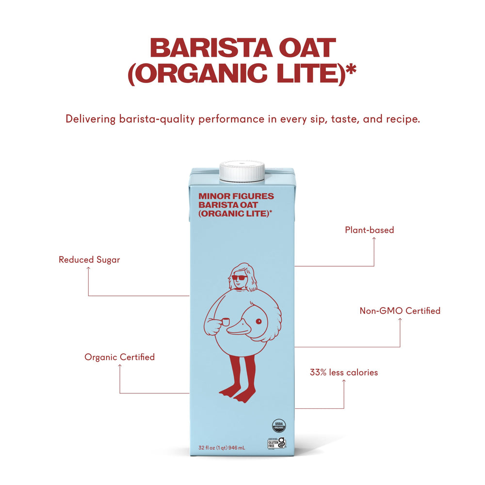 Organic Lite oat milk is gluten-free and plant-based with Minor Figures branding.