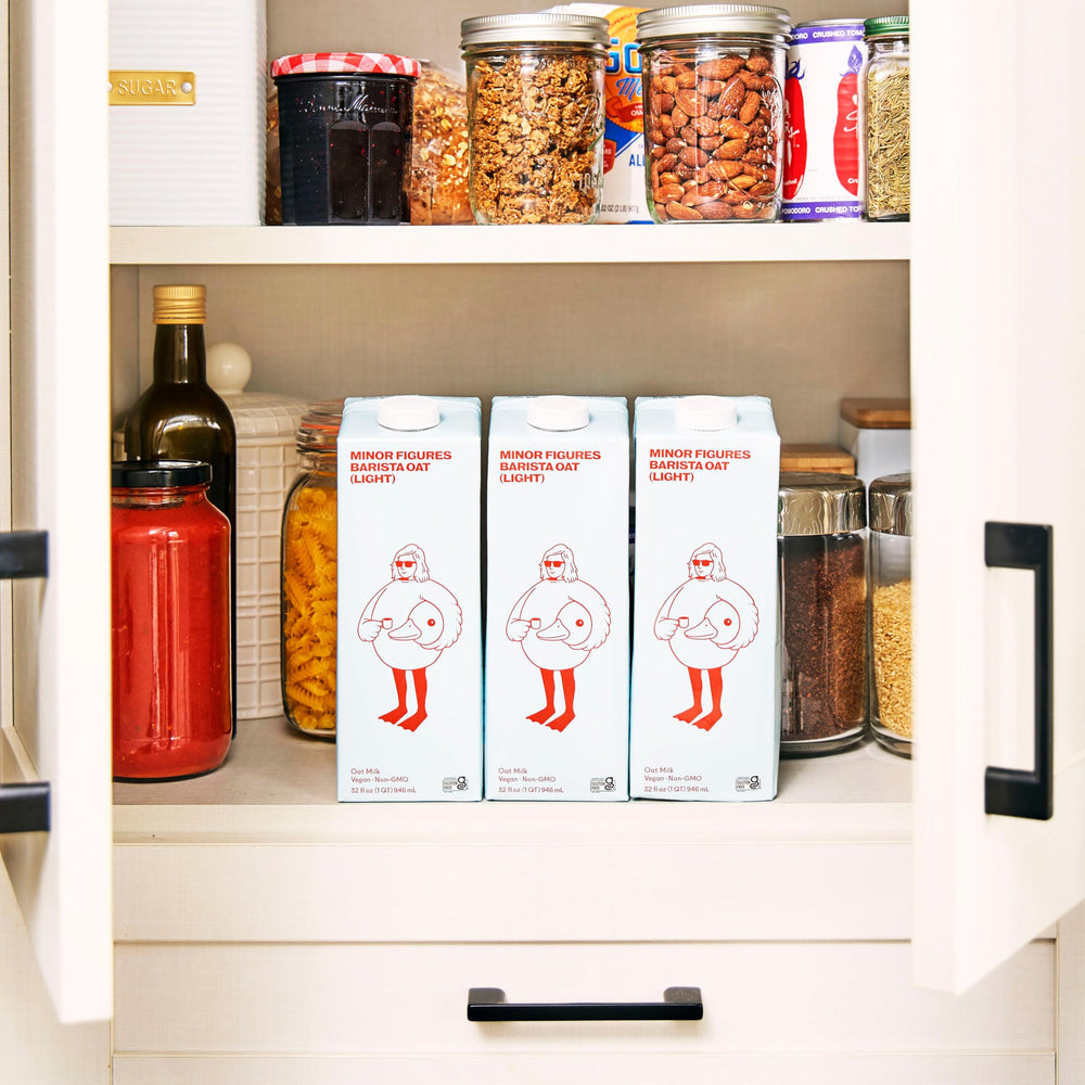 Vegan, dairy-free oat milk by Minor Figures for cereals and smoothies.