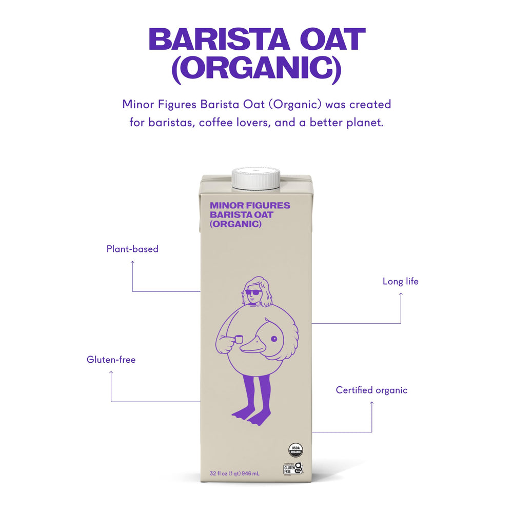 Minor Figures Barista Oat Organic 32oz shelf-storage suggests long shelf-stable ready-to-use milk