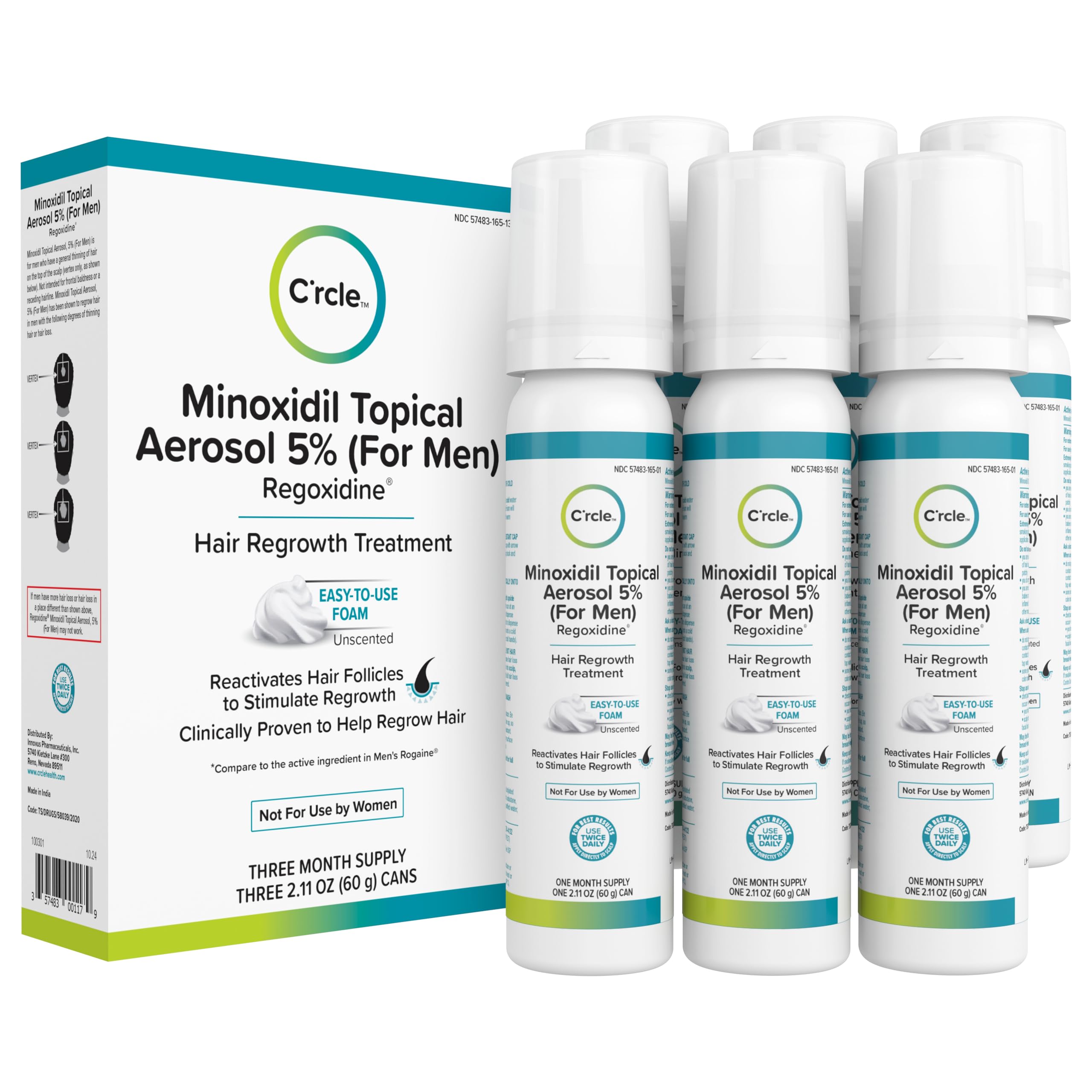 C'rcle Minoxidil 5% Foam for Men applies evenly across the scalp for targeted coverage.