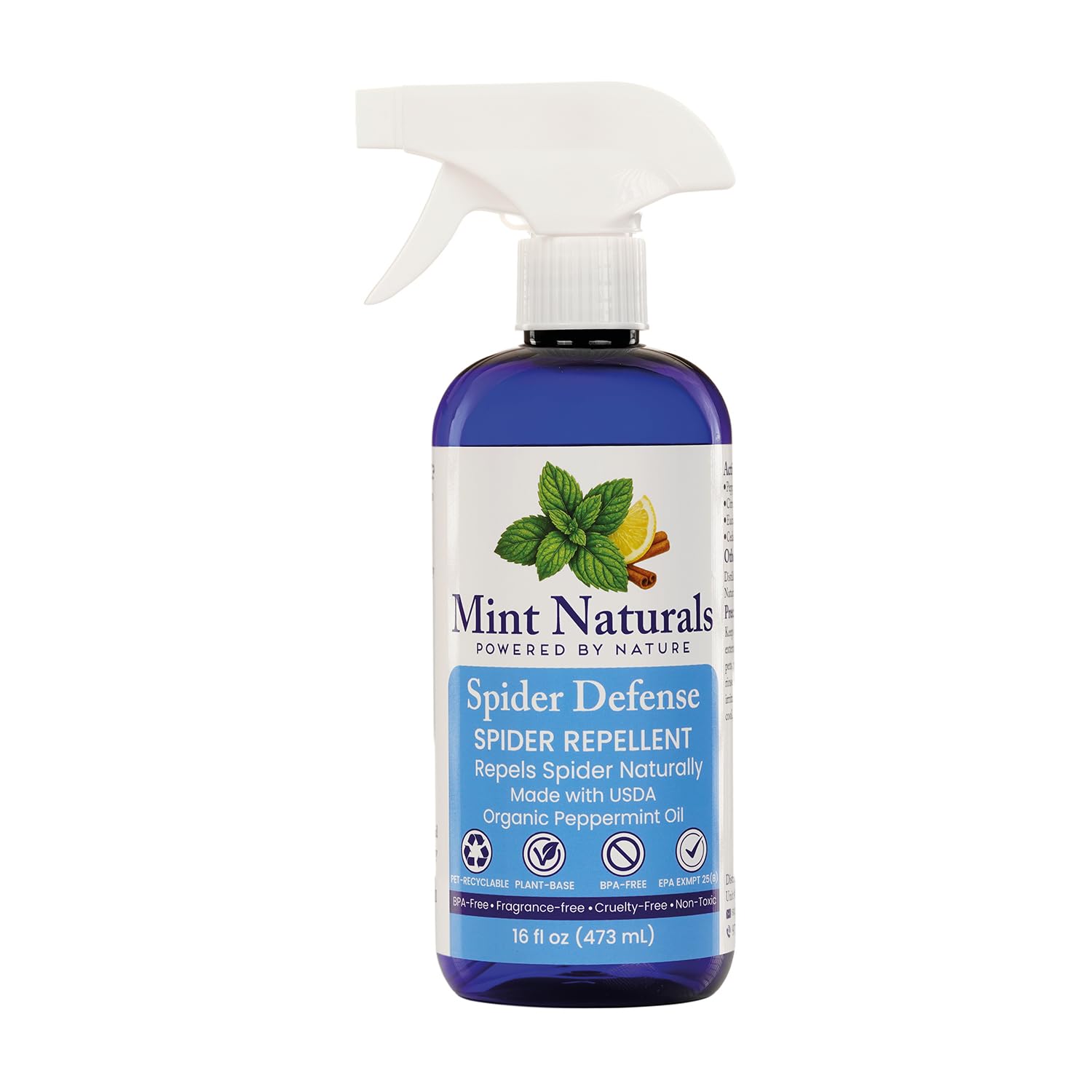 Mint Naturals spider repellent spray bottle shows the 16 oz size for home use